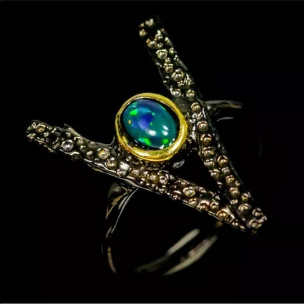 Elegant black fire opal artisan crafted ring 7